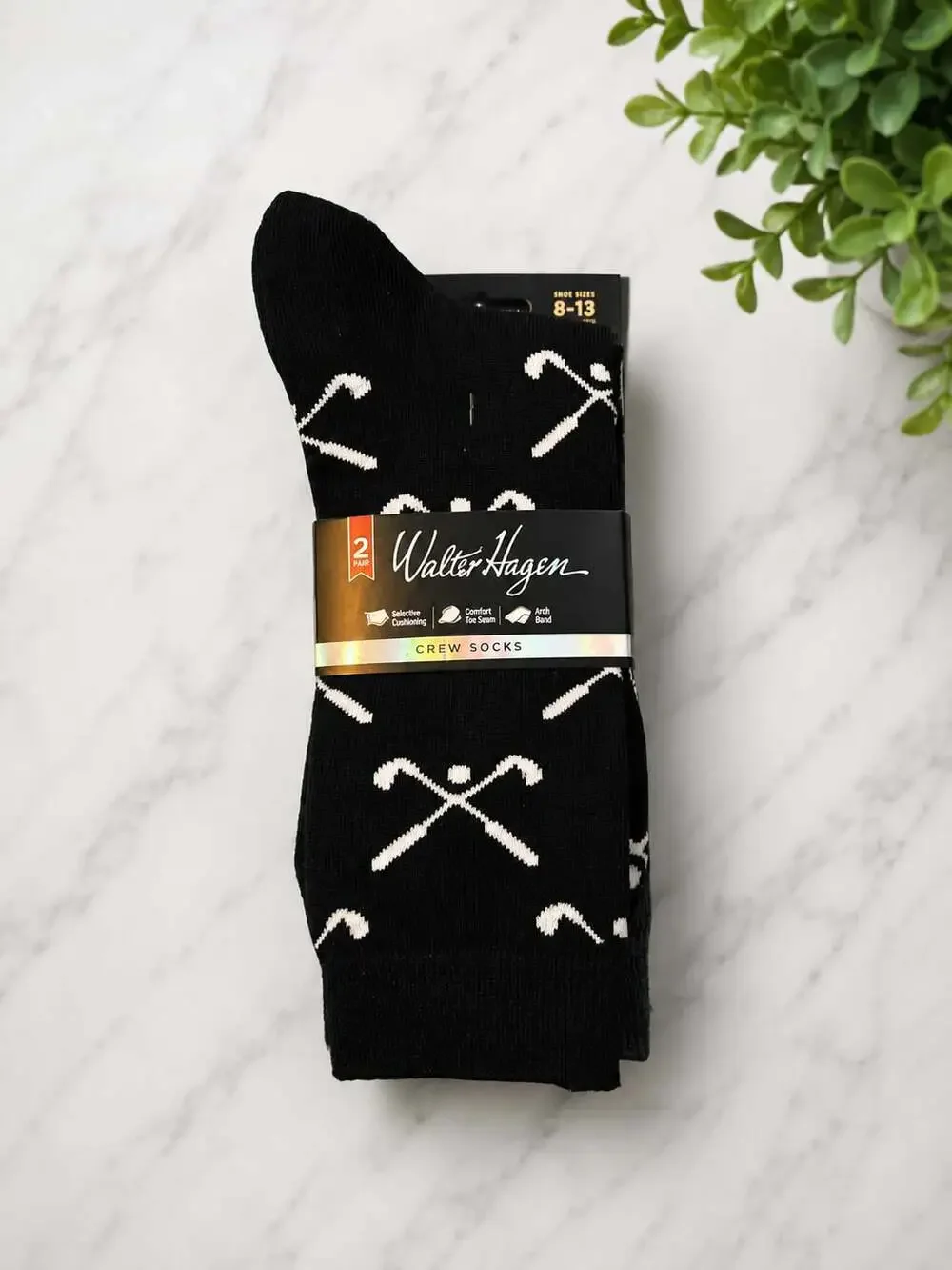 Walter Hagen Golf Socks with Golf Cart and Golf Clubs Icons, Black, 2 Pair